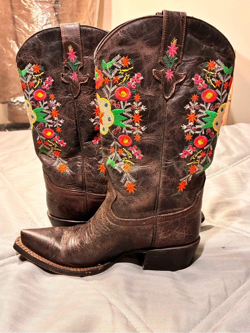 Macie Bean Brown Leather Kids Embroidered Western Boots